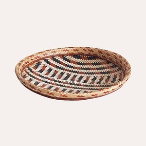 Natural woven round fruit basket with natural color, black and red patterns