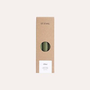 Packs of 6 olive green dinner tall candles from St Eval. Made in Cornwall