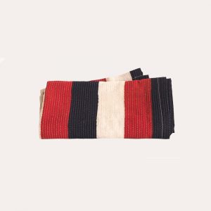 striped table runner in hand block printed cream, red and navy stripes