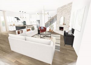 an interior design visual of a modern boho style living room in austin texas