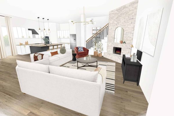 an interior design visual of a modern boho style living room in austin texas
