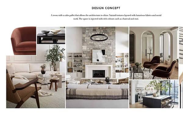 the moodboard of interior design inspiration for a family home in austin texas